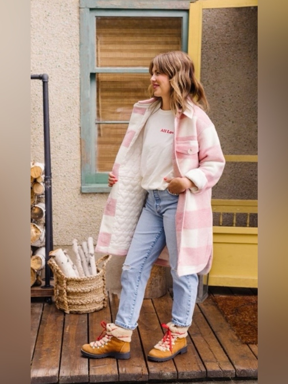 Joe fresh x Jillian Harris Pink Plaid Shacket Jacket Cozy Style Primaloft Pocket